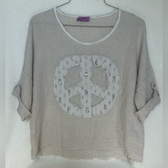 Marisima Linen Boho Chic Peace Sign Womens Top Made in Italy OS NWOT - Picture 2 of 10